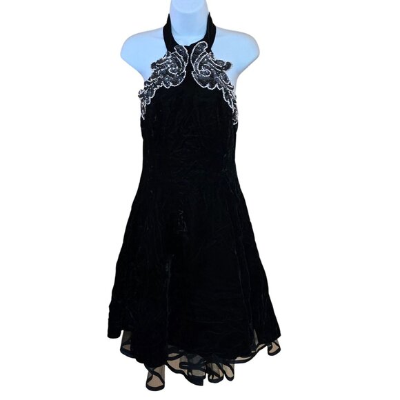 Vintage Black Velvet Halter Dress W/ Bead Sequin Detail whimsygoth elegant glam - Picture 8 of 14